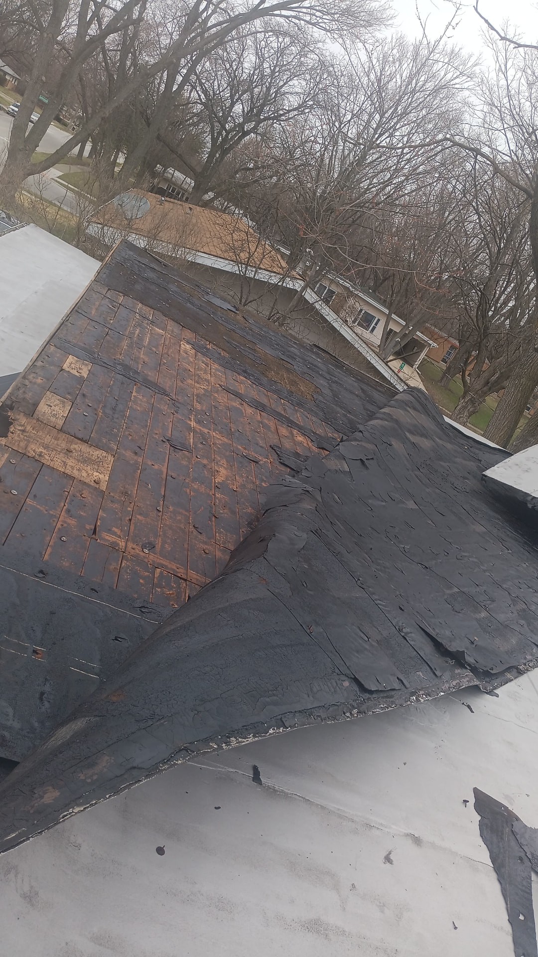 Torch-down flat roof in Chicago after high winds lifted the membrane (Before)